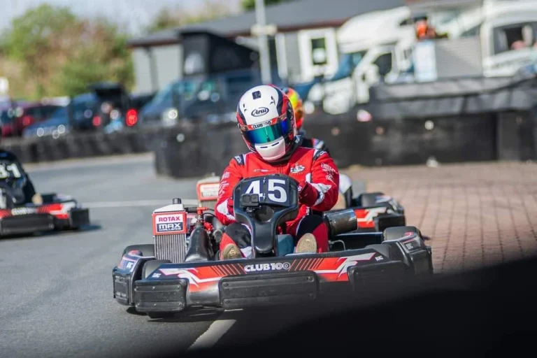 Kart number 45 racing towards the camera